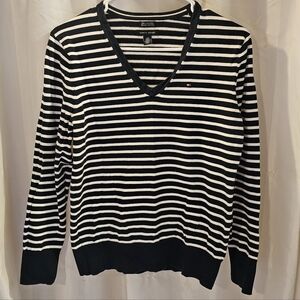 Tommy Hilfiger Navy and White V-Neck Sweater